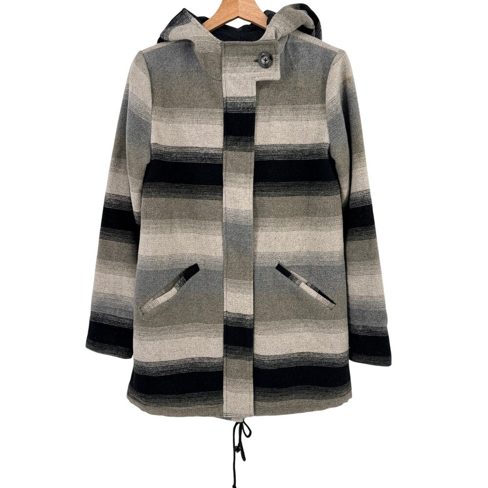 Jack Womens Hooded Striped Wool Blend Coat Sz Small Gray Black Southwestern